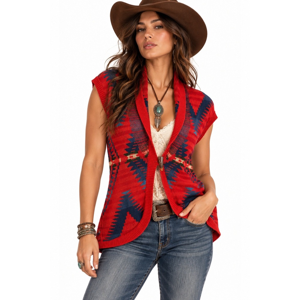 Vintage Chaps Southwestern Shawl Collar Vest Sweater sz M Red Toggle Horn Aztec